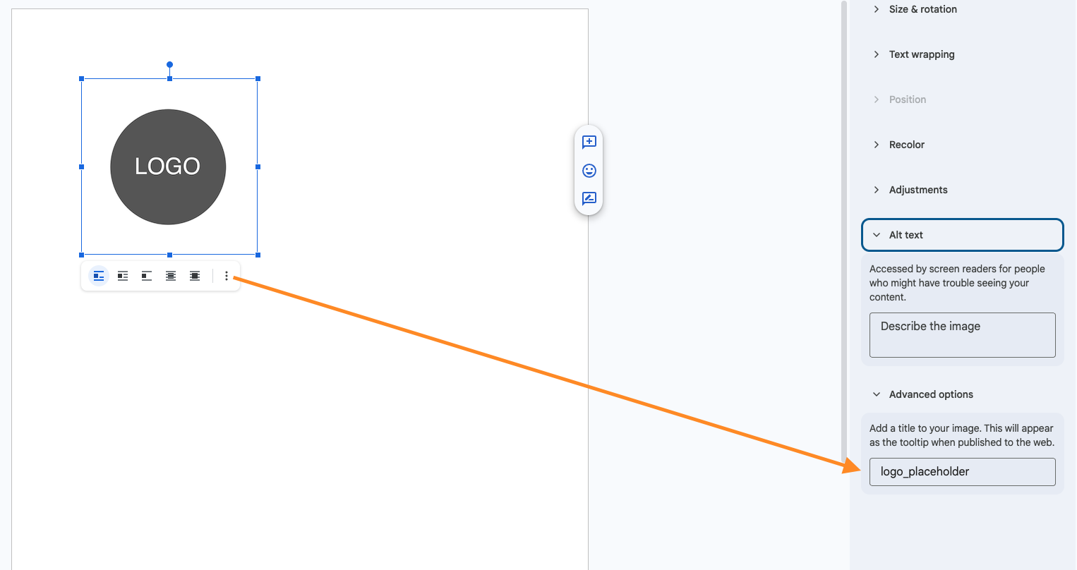 Image placeholder example showing Alt Text menu